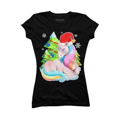 Junior's Design By Humans Santa Magical Fantasy Unicorn Christmas T Shirt By thebeardstudio T-Shirt