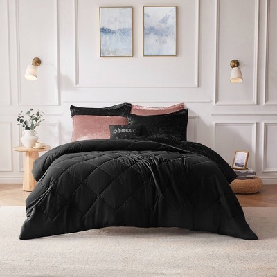 Black Twin Crushed Velvet Comforter Set with Decorative Pillow