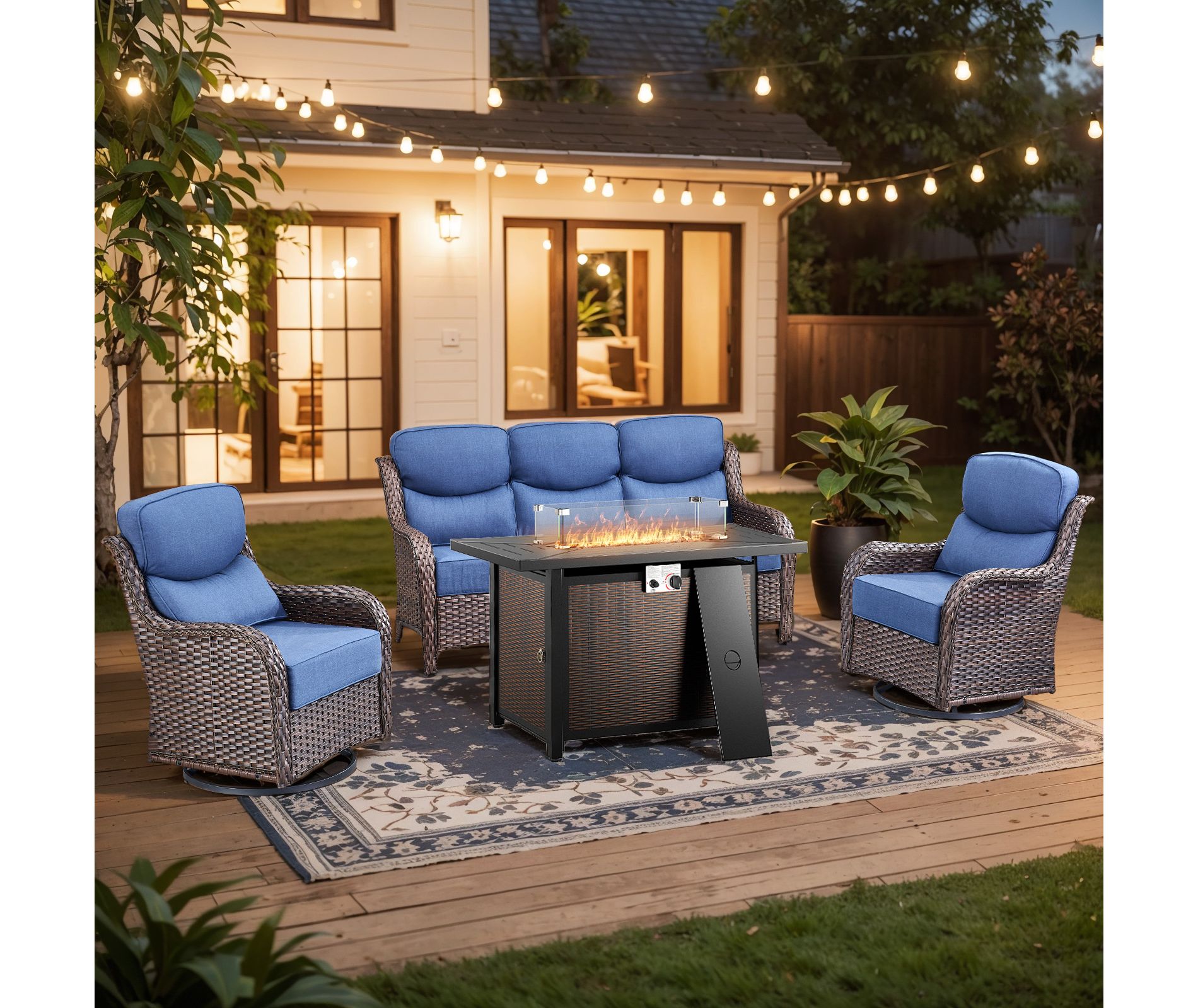 Gymojoy 4 Pieces/5 Pieces Outdoor Fire Pit Table w/ Patio 6in Sofa Swivel Glider Chairs Table Set