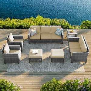 Sonkuki 7 Pieces PE Rattan Furniture Set with Side Table, Patio Chair with Cushion, Ottomans for Lawn, Light Gray - 1 of 4