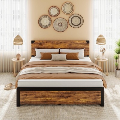 Bed Frame with 4 Storage Drawers Heavy Duty Metal Support No Box Spring Needed Wood Headboard Easy Assembly