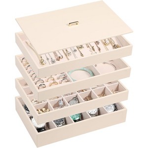 Set of 4 Stackable PU Leather Jewelry Trays with Lids, Drawer Organizer Inserts for Earrings & Watches, Black - 1 of 4