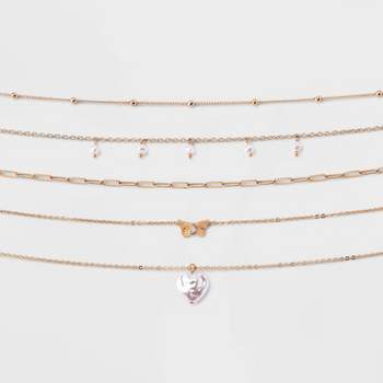 Butterfly and Acrylic Pearl Heart Choker Necklace Set 5pc - Wild Fable™ Gold