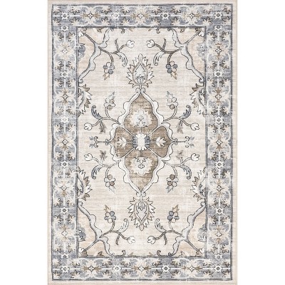 Gray Floral Cotton Synthetic Washable Round Area Rug