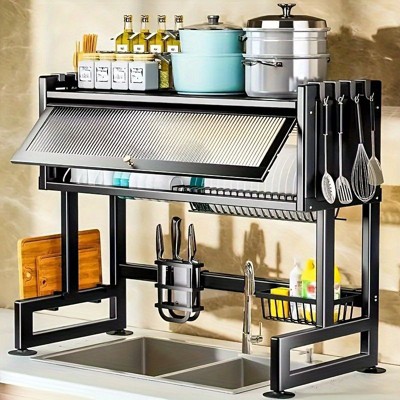 Racxily 83cm Countertop Dish Storage Drain Rack with Cabinet Door, Kitchen Sink Dish Rack, Kitchen Drainer Tableware Organizer Set
