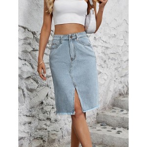 Women's Denim Midi Skirt with High Slit - A-Line Stretch Jean Skirt - 1 of 4