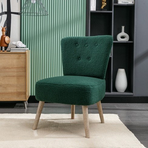 Tufted Back Teddy Fabric Slipper Chair Accent Chair With Wooden Legs Green ModernLuxe