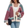 Imily Bela Womens Button Up Striped Cardigan Oversized V Neck Puff Sleeve Color Block Knit Coat - 3 of 4