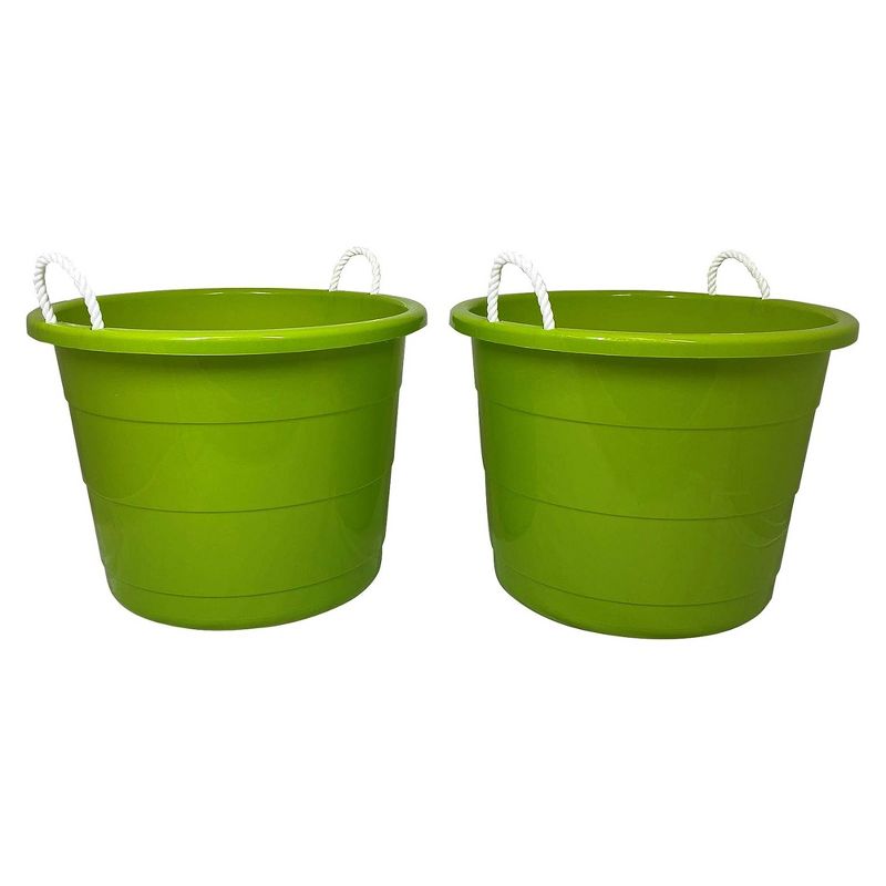 Homz 17 Gallon Indoor Outdoor Storage Bucket w/Rope Handles for Sports Equipment, Party Cooler, Gardening, Toys and Laundry, Bold Lime Green (2 Pack), 1 of 7