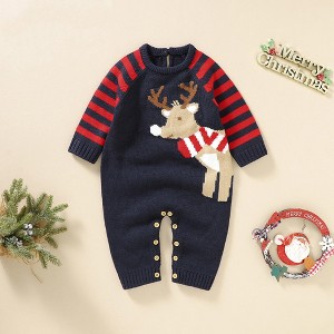MyKids-USA Baby Cartoon Elk Graphic Side Striped Sleeve Knitted Romper - 1 of 4