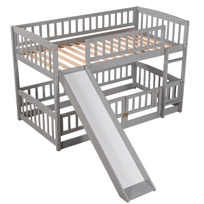 NicBex Bunk Bed with Slide,Low Loft Bed with Fence and Ladder for Toddler Kids Teens,White/Gray/Espresso
