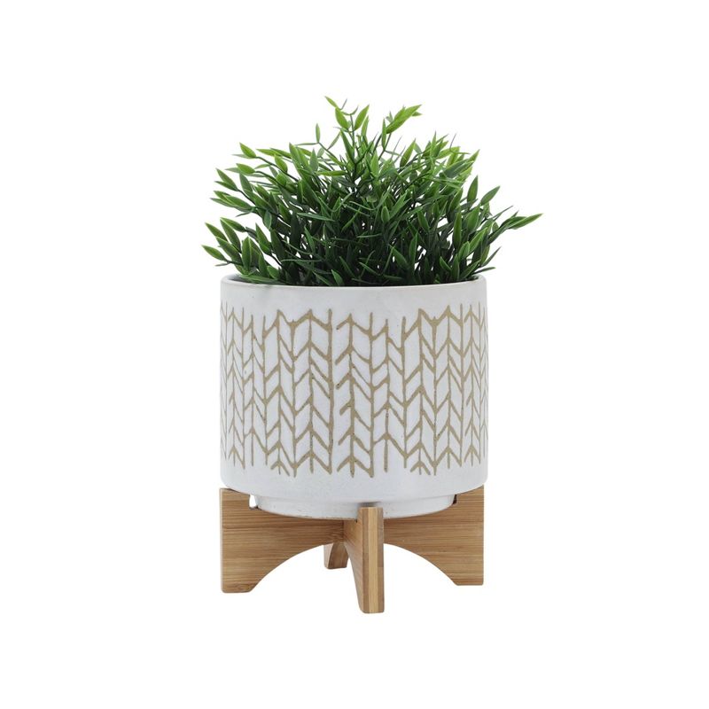 Sagebrook Home 8&#34; Wide Chevron Planter Pot with Wood Stand Beige, 4 of 9