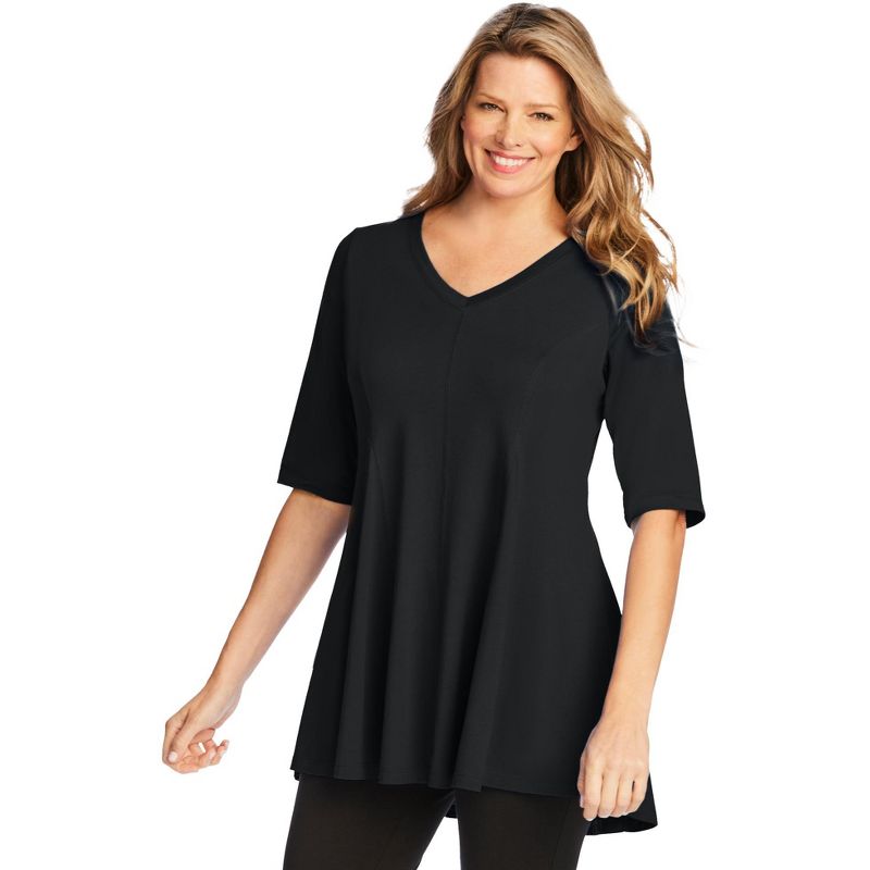 Woman Within Women's Plus Size Elbow Sleeve V-Neck Fit and Flare Tunic, 1 of 2