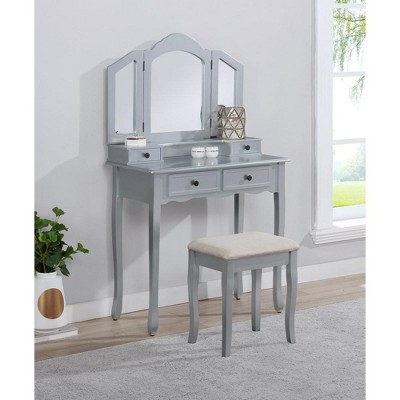 2 Pieces Make Up Table And Stool Set, Makeup Vanity Desk With 3-panel Mirror And 4 Vanity Drawers, Rectangular Thick Cushion Bench