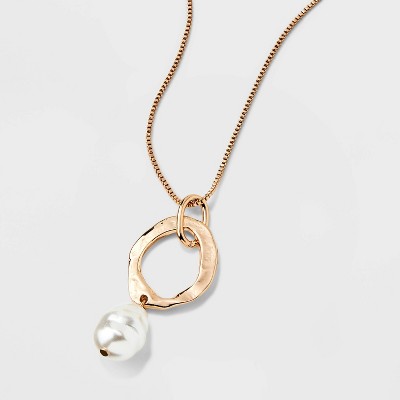 Hammered Ring and Pearl Drop Pendant Necklace - A New Day&#8482; Gold