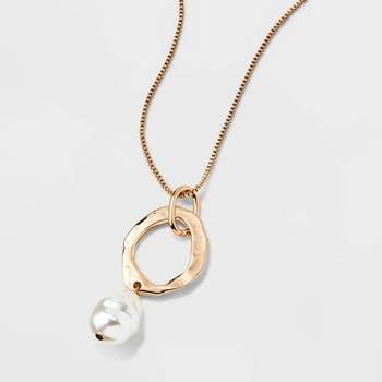 Hammered Ring and Pearl Drop Pendant Necklace - A New Day™ Gold