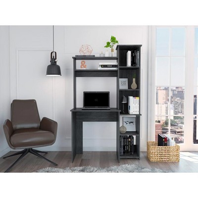 Vynxaria Smokey Oak Computer Desks Writing Desk 2 Upper Shelves 5 Cubbies Home Office Storage Space-Saving Design