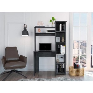 Vynxaria Smokey Oak Computer Desks Writing Desk 2 Upper Shelves 5 Cubbies Home Office Storage Space-Saving Design - 1 of 4