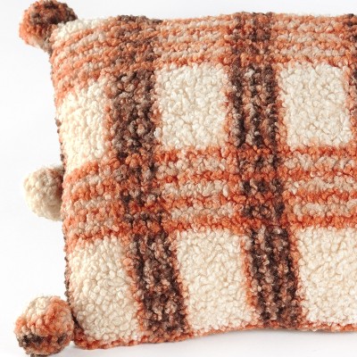 Harvest Plaid Embroidered Throw Pillow with Pom-Poms