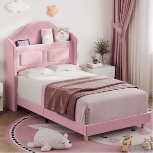 Pink Velvet Twin Bed Frame with Bookcase Headboard, Glow Feature, Storage, No Box Spring, Easy Assembly - 1 of 4