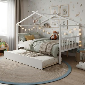 Merax Full Size Wooden House Bed Frame with Twin Size Trundle - 1 of 4