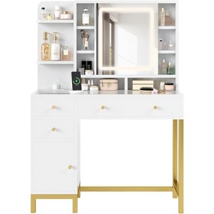 Acekool Vanity Desk with Lighted Mirror, Power Outlet, 3-Color LED, 3 Drawers, Cabinet & Open Shelves, Makeup Dressing Table, White - 1 of 4