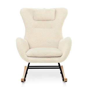 Vynxaria Beige Teddy Upholstered Rocking Accent Chair with Adjustable Headrest & Pocket - 1 of 4