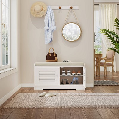 VYNXARIA 28.74"Shoe Storage Bench with 2 Door Cabinet, Entryway Bench with White Shoe Storage