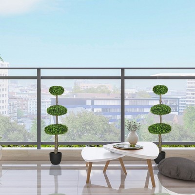 Set of 2 Green Plastic Boxwood Topiary Trees in Black Pots