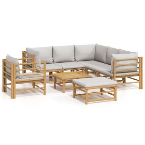 vidaXL Bamboo Patio Furniture Set 8 Piece - Light Gray Cushions - Modular Garden Lounge/Dining Set for Outdoor, Deck, Backyard - 1 of 4