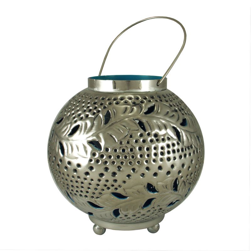 Kaemingk 8" Tropicalia Silver and Blue Cut-Out Floral Votive Candle Holder, 1 of 2
