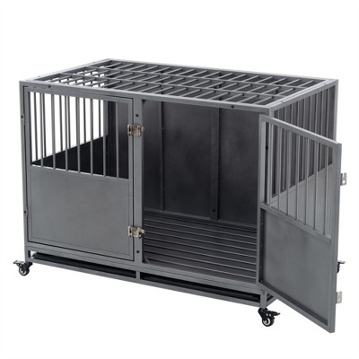 48 Inch Heavy-Duty Dog Crate with Double Door Wheels Carbon Steel Escape Dog Cage for Small Medium Large Dogs Silver