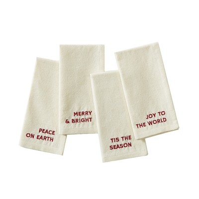 Ivory Embroidered Holiday Sentiment Cotton Napkins, Set of 4