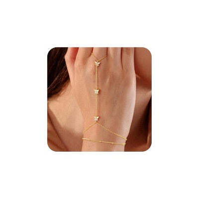 Turandoss 18K Gold Hand Chain Bracelet for Women - Dainty Cubic Zircon Finger Rings Bracelets Adjustable, Gold Chain Bracelet, Christmas Gifts, 6+2In