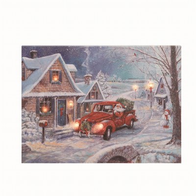 Transpac Wood Multicolor Christmas Light Up Santa Truck Canvas WallArt