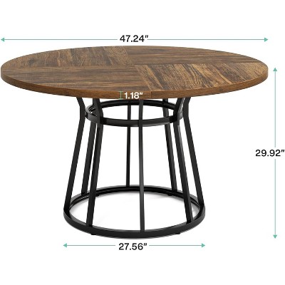 Brown Round Wood Dining Table with Black Metal Base, 47.2 Inch