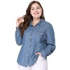 Agnes Orinda Women's Plus Size 2 Piece Button Up Lapel Chest Pocket Long Sleeve Casual Denim Chambray Shirt - 3 of 4
