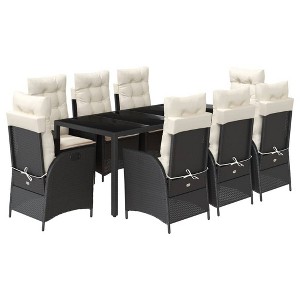 vidaXL 9 Piece Patio Dining Set with Cushions - Black Poly Rattan, Tempered Glass Table - Garden, Backyard, Deck, Patio - 1 of 4