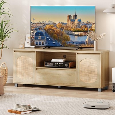 Whizmax Rattan TV Stand for 70 Inch TV, Boho TV Entertainment Center, Wooden TV Console with Drawer and 2 Cabinets for Living Room, Bedroom, Natural
