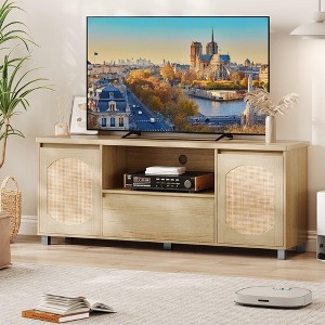 Whizmax Rattan TV Stand for 70 Inch TV, Boho TV Entertainment Center, Wooden TV Console with Drawer and 2 Cabinets for Living Room, Bedroom, Natural - 1 of 4