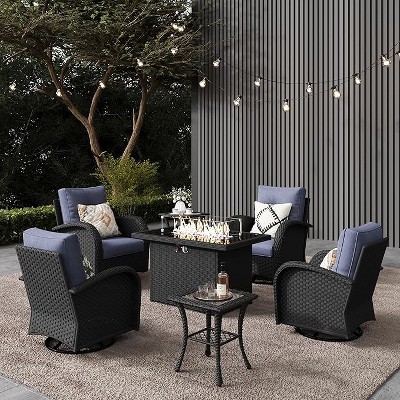 LayinSun Outdoor Patio Furniture Set, Black Rattan Wicker Sectional Swivel Rocker Chairs Sets