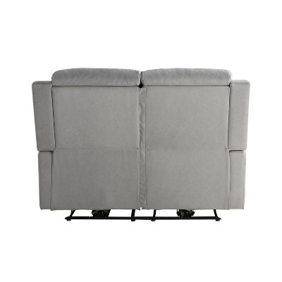 Gray Faux Leather Channel Tufted Reclining Loveseat with Acacia Wood