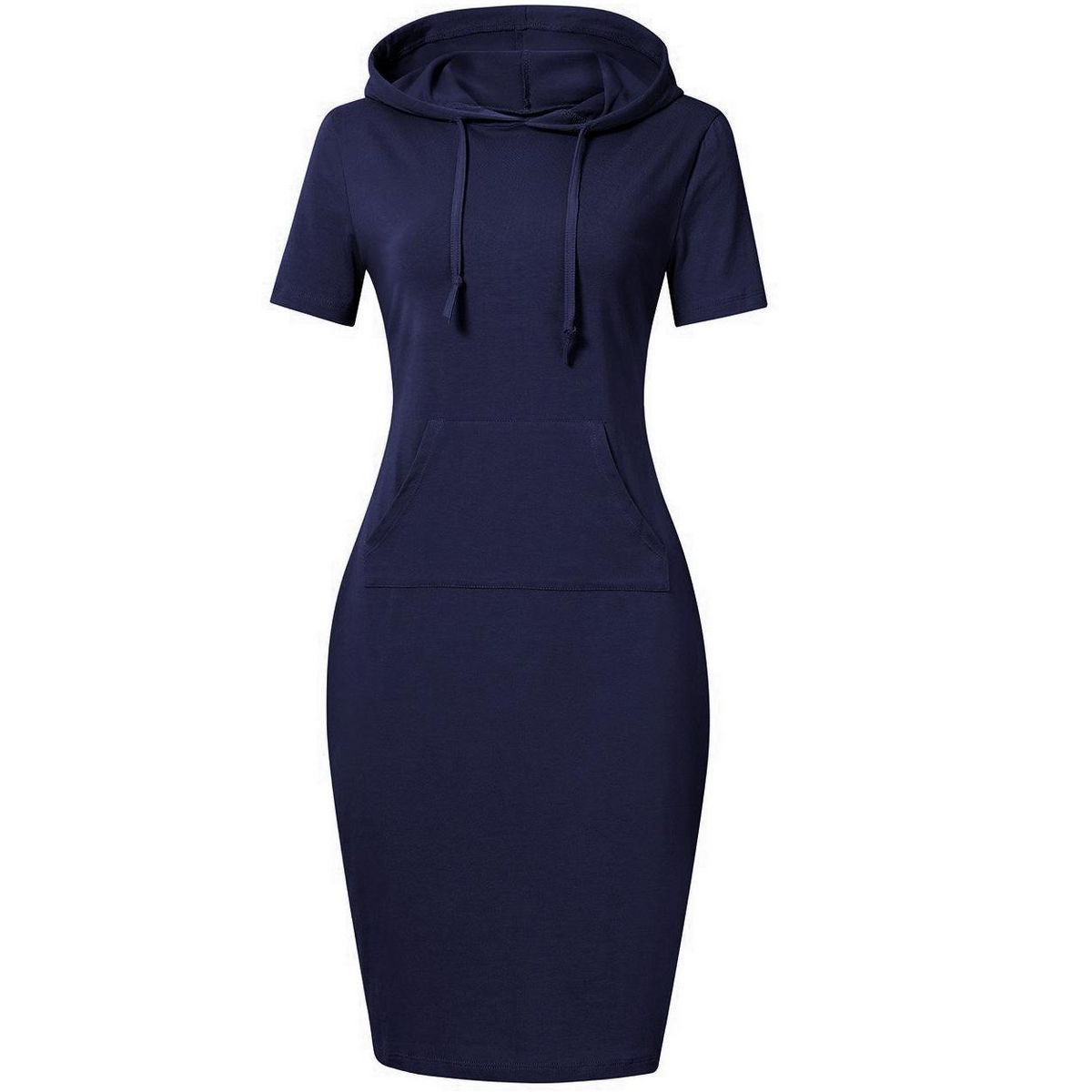 Women Short Sleeve Pocket Knee Length Slim Pullover Hoodie Dress - thumbnail 7