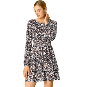 Allegra K Women's Leopard Print Crew Neck Smock Waist Long Sleeve Ruffle Mini Dress - 1 of 4