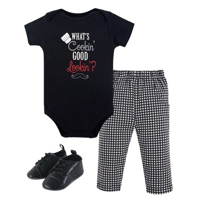 Little Treasure Baby Boy Cotton Bodysuit, Pant and Shoe 3pc Set, Whats Cookin?