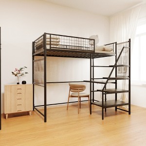 KWPZQEB Metal Loft Bed, Loft Bed with Desk, Ladder & Guardrail, Heavy Duty Bedframe with Built-in Charging Station & LED Lighting, Black/White - 1 of 4