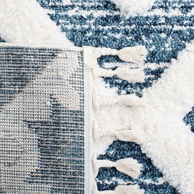 Blue and Ivory Diamond Shag Area Rug with Braided Tassels