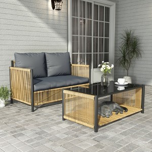 SKRAN New Comming Outdoor Patio Brown PE Wicker Sofa Set   with Grey Cushion for Backyard Poolside Garden - 1 of 4