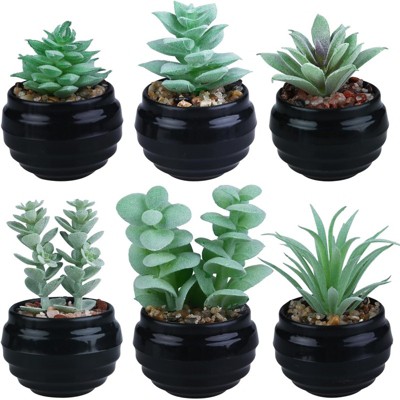 BRINJOY 6-Piece Flocked Succulent Plants Set - Realistic Artificial Potted Greenery in Black Pots for Home & Office Decor