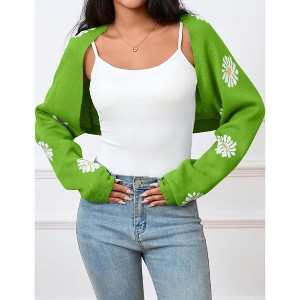 Women's Cropped Cardigan Sweater Floral Shrugs Long Sleeve Open Front Knit Top - 1 of 4